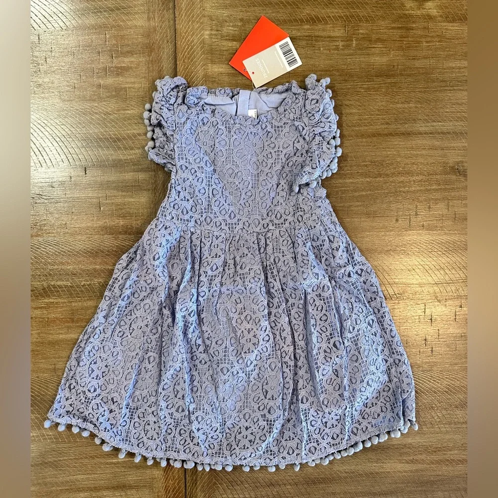 NWT 2 Bunnies Little Girls Sky Blue Sunflower Lace Pom Pom Ruffle Dress Size 5